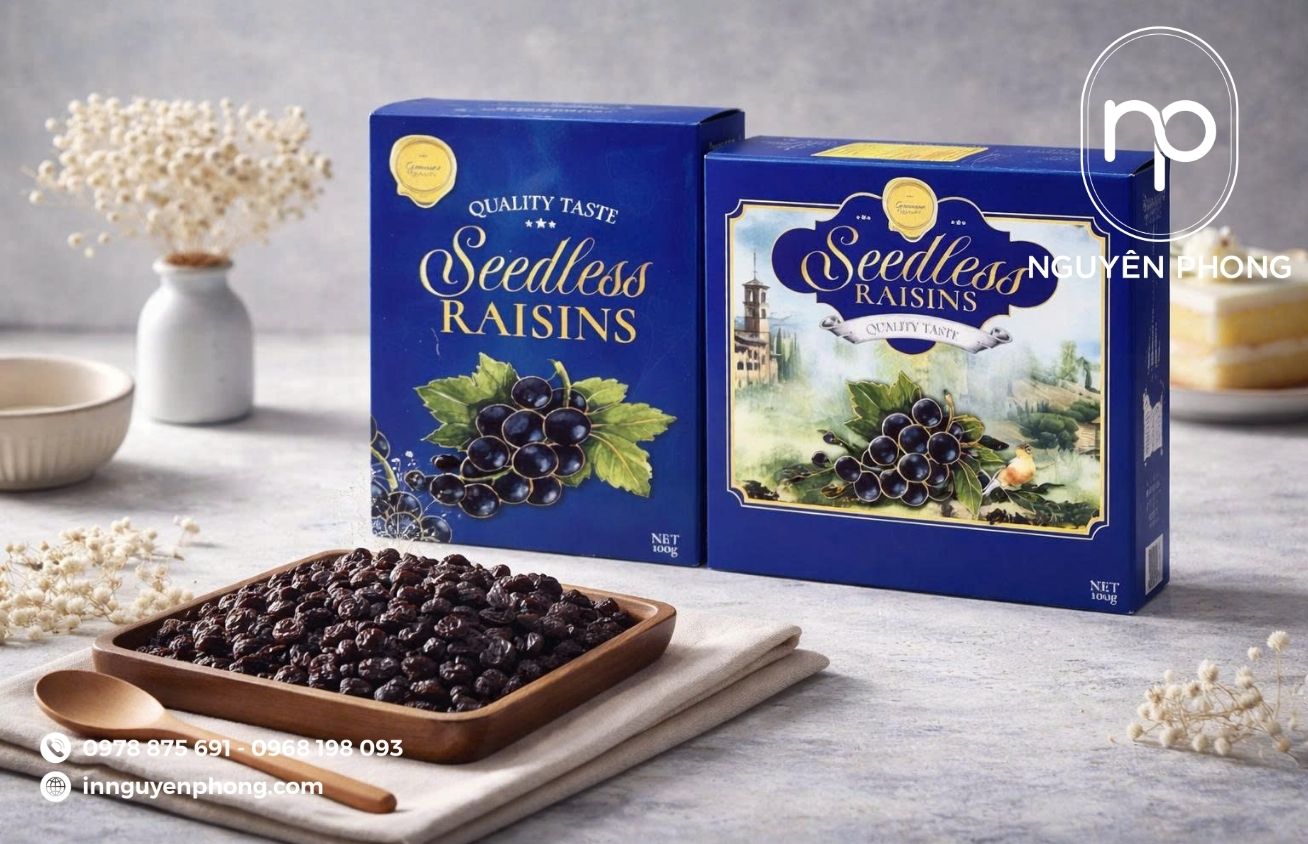 Mẫu in hộp giấy đựng nho khô in logo 